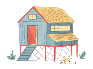 Colorful chicken coops with chiken isolated on white. Hand drawn vector illustration. Bright, organic design for local farm, urban homesteading, fresh food, and countryside life
