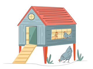 Colorful chicken coops with hen isolated on white. Hand drawn vector illustration. Bright, organic design for local farm, urban homesteading, fresh food, and countryside life