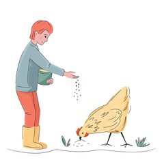 Colorful illustration of boy feeding hen isolated on white. Hand drawn vector. Bright, organic design for local farm, urban homesteading, fresh food, and countryside life