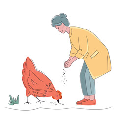 Colorful illustration of senior woman feeding hen isolated on white. Hand drawn vector. Bright, organic design for local farm, urban homesteading, fresh food, and countryside life