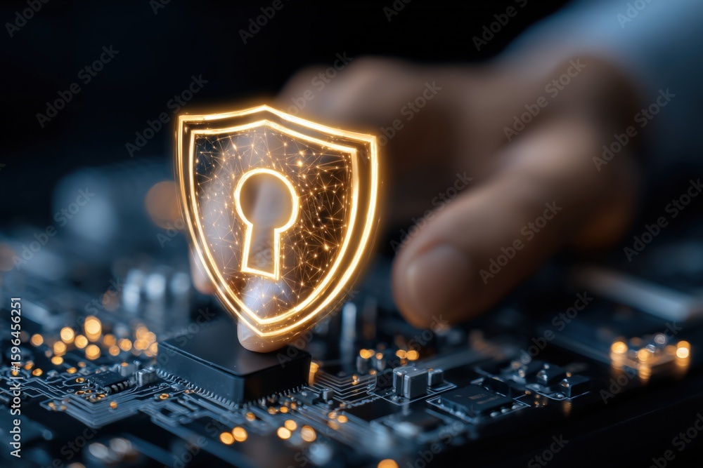 Poster advanced cybersecurity shield security protection concept with glowing shield icon on digital circui