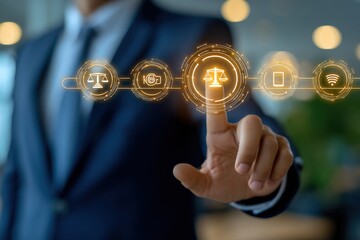 Business professional in formal suit interacting with futuristic holographic legal and financial icons representing technology and digital law concepts