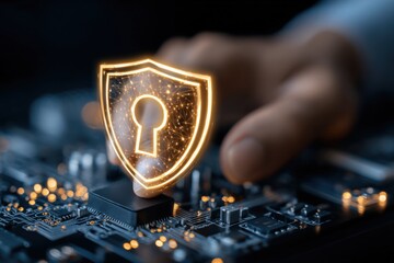 Advanced cybersecurity shield security protection concept with glowing shield icon on digital circuit board technology background