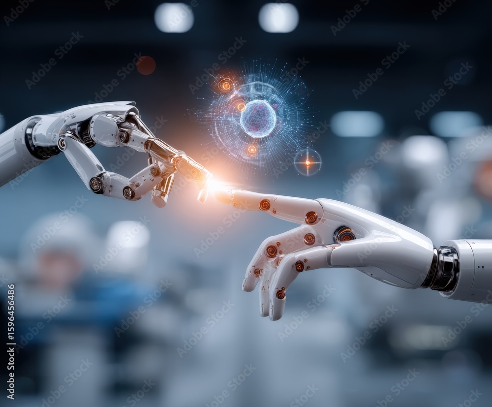 Poster futuristic robotic arm and human hand exchanging glowing digital cell or molecule in high-tech labor