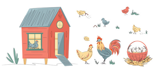 Colorful chicken coops with hen, rooster and basket of eggs isolated on white. Hand drawn vector illustration. Bright design for local farm, urban homesteading, fresh food, and countryside life