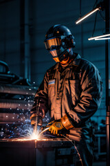 Welder working with protective gear and sparks in industrial workshop