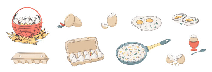 Set of colourful; eggs, basket, cardboard; eggshell; fried, boiled abd scrambled eggs isolated on white. Bright design for healthy protein breakfast, local farm, urban homesteading, fresh food