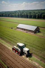 Modern tractor working on a green agricultural field near a barn, aerial view