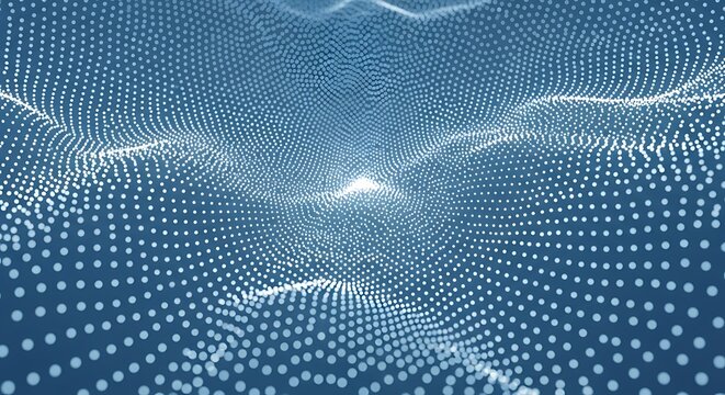 An abstract digital landscape composed of glowing blue and white particles forming a dynamic, futuristic wave pattern