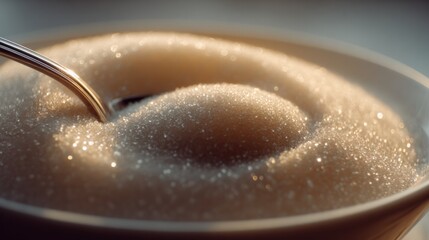 Fototapeta premium Close-up of a spoon stir a bowl of hot creamy soup with bubbles and froth in a kitchen setting, detailed textured surface and warm tones