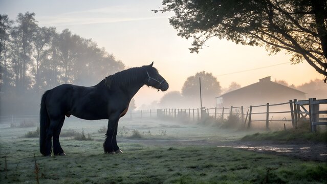 Percheron Draft Horse Standing Proud in Misty Farmyard