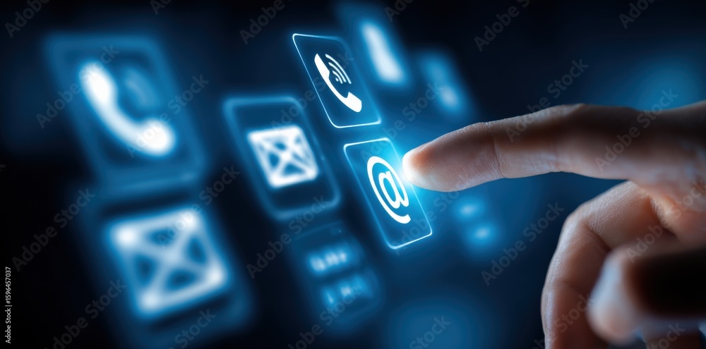 Poster futuristic touchscreen mobile phone interface with communication and social media icons displayed in