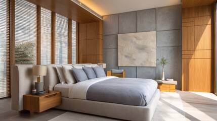 Soft lilac and birchwood serene bedroom, upholstered bed with chambray sheets, volumetric rim lighting wooden blinds, bounce light off