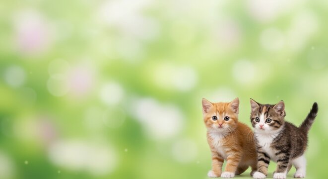 Cute  kittens in the right corner standing against a green bokeh background in a flower garden, minimal detail and also suitable for advertising photos.
Ai generate, Ai generative