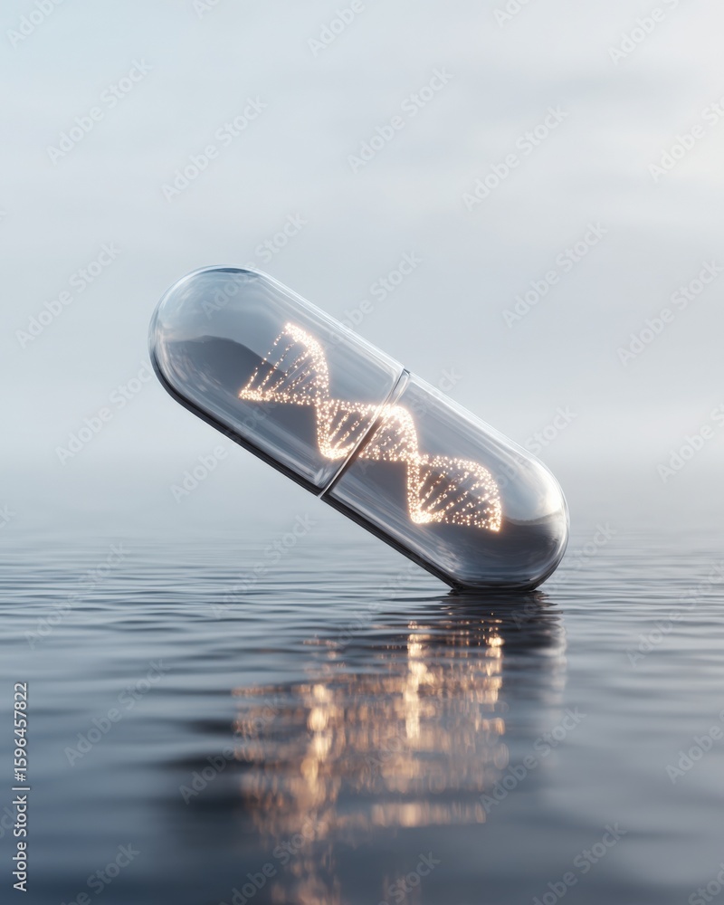 Poster clear capsule pill with glowing dna helix inside floating on calm water surface under cloudy sky wit