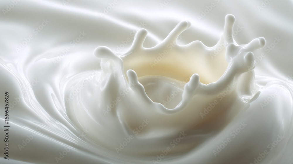Poster close-up of a splash of creamy white milk with dynamic movement and intricate liquid swirl pattern o