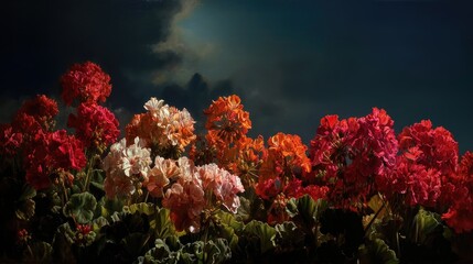 A vibrant display of colorful geranium flowers against a dramatic backdrop.