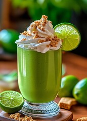 Lime smoothie in a glass with whipped cream, cookie crumbs and a lime wedge