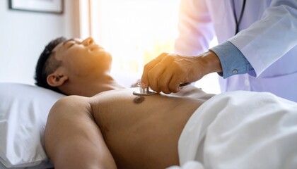 Fototapeta premium Medical Examination: Doctor using Stethoscope on Patient