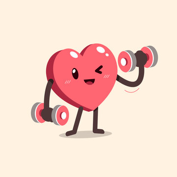 Cartoon heart character doing dumbbells weight training