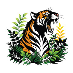 Fototapeta premium Majestic Tiger Roaring Amidst Lush Greenery A Fierce Spirit in Nature