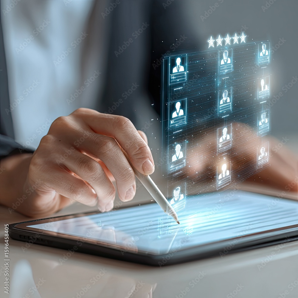 Poster person using stylus on digital tablet with holographic network interface