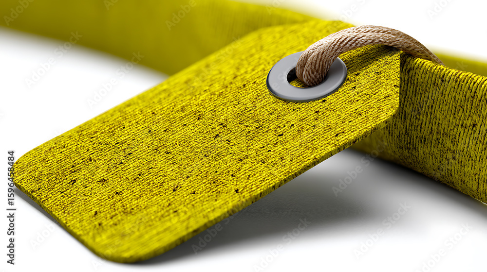 Poster close up of yellow textured tag with a metal eyelet and brown string attached on a white surface, pr