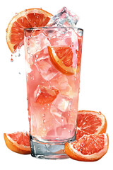 Refreshing watercolor grapefruit cocktail illustration with ice cubes on transparent background