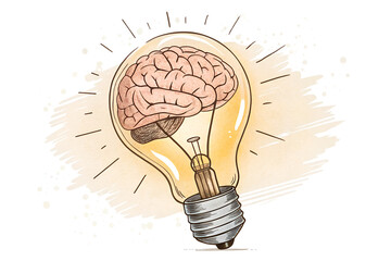 A human brain inside of a lightbulb illustrates a bright idea isolated on transparent background