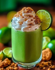 Lime smoothie in a glass with whipped cream, cookie crumbs and a lime wedge