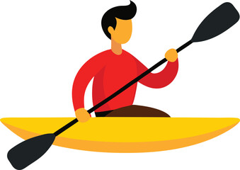 A male athlete kayaking on water in a yellow kayak.
