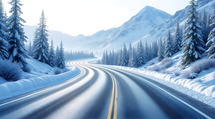 Snowy mountain road curves through winter forest with tall pine trees and bright sunlight creating serene cold atmosphere