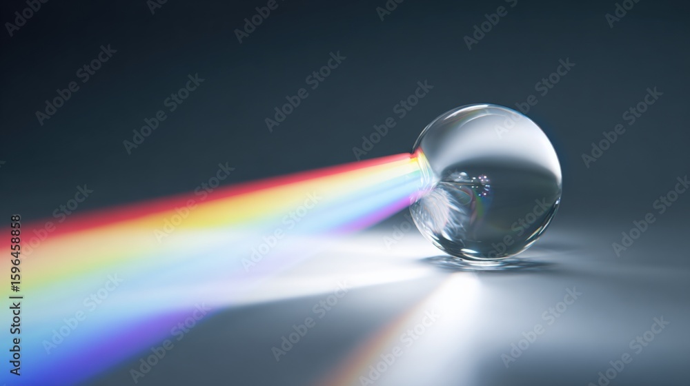 Poster close-up of a crystal clear glass sphere reflecting a rainbow spectrum of colors on smooth surface w