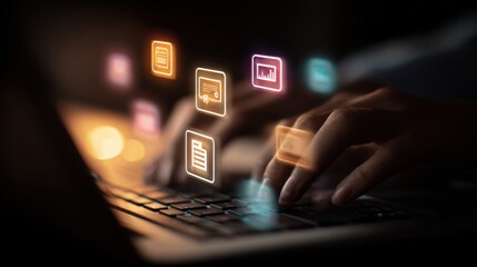 Digital data security concept showing connection between protected files and digital information icons on a futuristic dark background