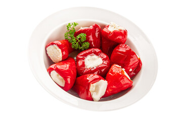 Hot peppers cheese filling pickled vegetables appetizer fresh delicious gourmet food vegetarian...