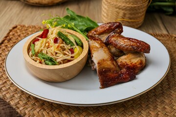 Papaya salad, Som Tam , som tum with grilled chicken and sticky rice, isan food