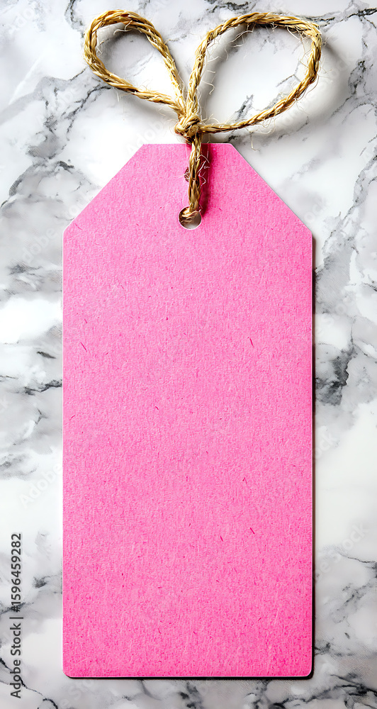Poster bright pink paper tag with natural jute string tied in a bow is displayed on a textured gray and whi