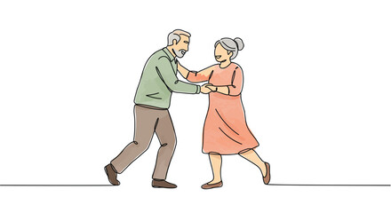  Modern illustration grandparents dancing together — one line doodle drawing with watercolor fill, minimalistic vector illustration on white background. International Day of Older Persons