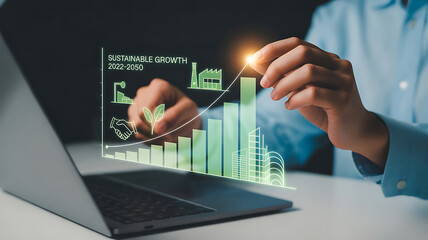 Person interacting with a glowing holographic financial data chart on a laptop