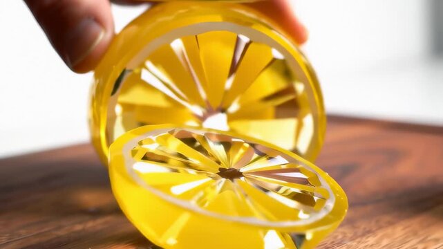 Crystal yellow lemon cutting with sharp khife. Shiny citrus being cut glass diamond gem. Food beverage art design presentation. Black background dark brown