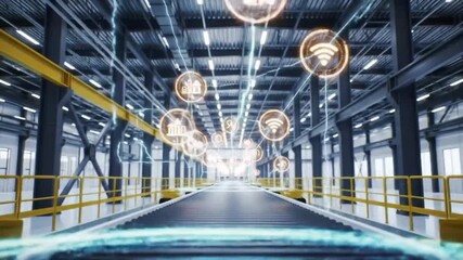 Automated Factory Conveyor with Connected Icons - Industry 4.0 and Smart Manufacturing Concept. - Powered by Adobe