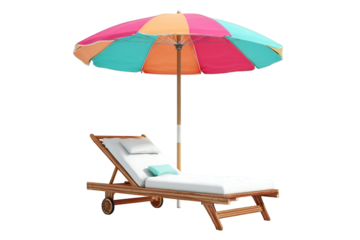 Sunny beach chair with umbrella casting shadows, inviting summer relaxation on transparent background