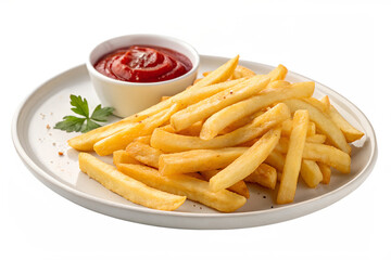  French fries and ketchup on a white plate isolated on transparent background