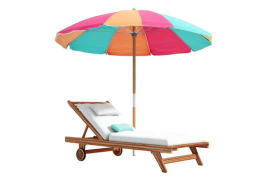 Sunny beach chair with umbrella casting shadows, inviting summer relaxation on transparent background - Powered by Adobe