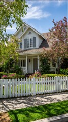 Vibrant photo of street corner view of suburban house with picket fence.