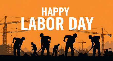 Happy Labor Day with Construction Worker Silhouettes
