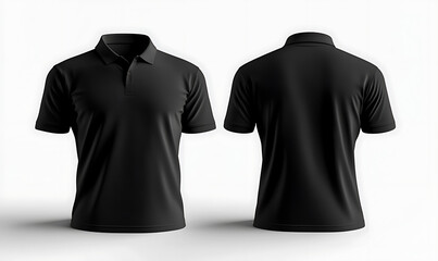 Black polo shirt displayed in front and back views against a neutral background for apparel design mockup