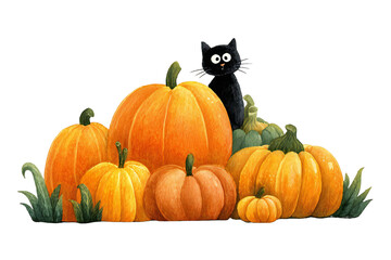 Watercolor illustration featuring orange pumpkins and a black cat peering over them, all on transparent background