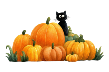 Watercolor illustration featuring orange pumpkins and a black cat peering over them, all on transparent background