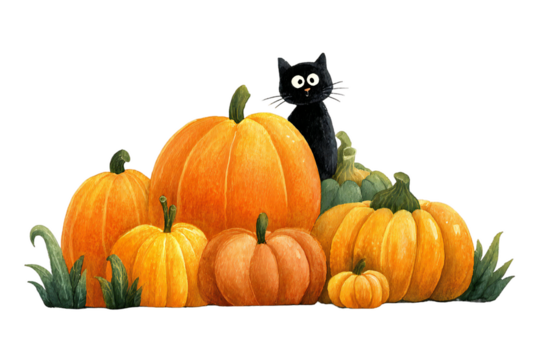 Watercolor illustration featuring orange pumpkins and a black cat peering over them, all on transparent background
